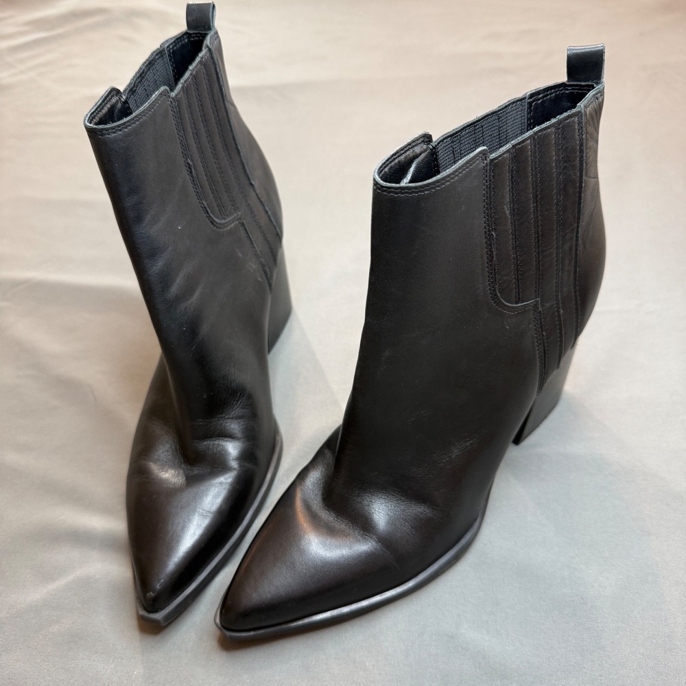 Marc Fisher Womens Black Leather Pointed Toe Block Heel Ankle Boots Size 8.5
